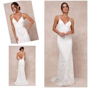 Lulus Everlasting Passion Dress White Maxi Sequin Beaded Wedding Size S NWT